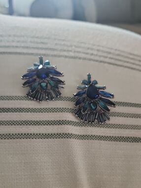 Blue and Teal Crystal Fan Drop Earrings - Statement Women’s Jewelry